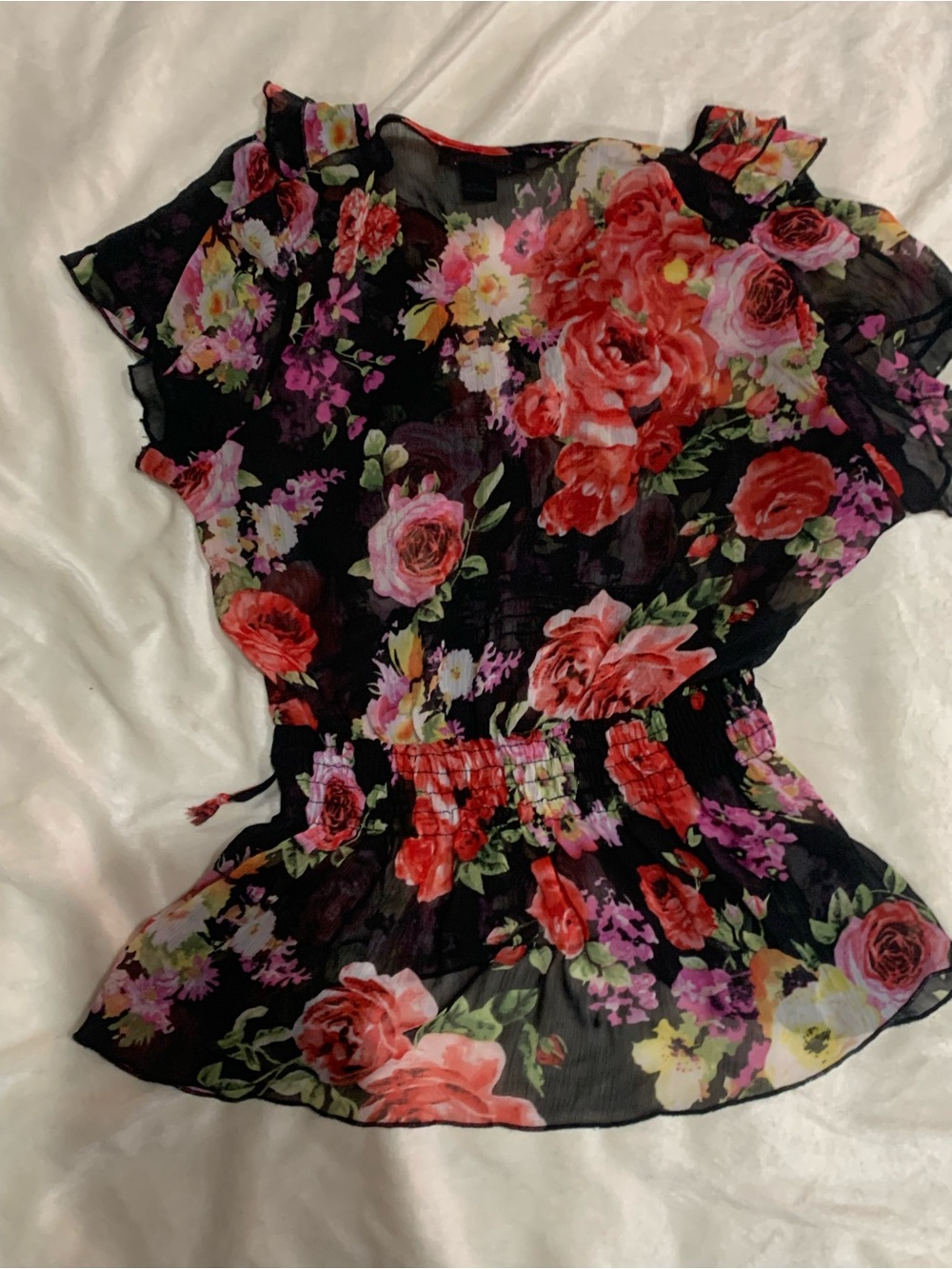 Floral Ruffle Sheer Blouse - Black with Red & Pink Roses